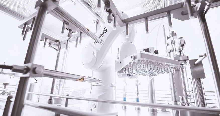 A Stäubli TX2-90 six-axis robot is used for the fully automated filling of HA gel in an aseptic environment.