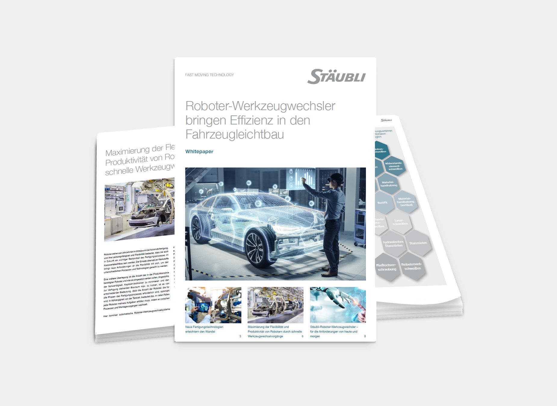 Whitepaper mit dem Titel "Roboter-Werkzeugwechsler bringen Effizienz in den Fahrzeugbau" von Stäubli.