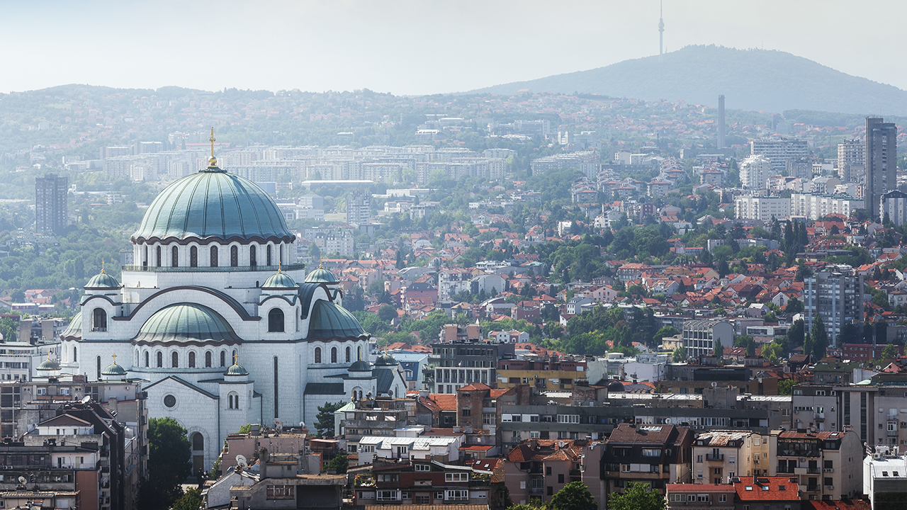 Aerial view of old Belgrade, capital of Serbia with St. Sava temple and Avala tower in the background